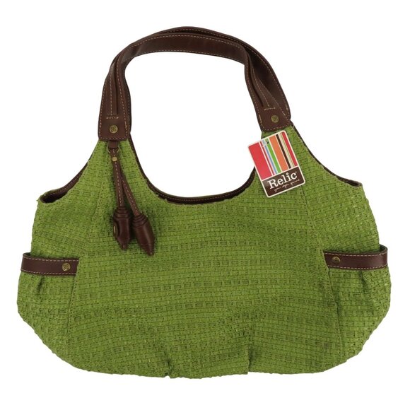 Y2K Relic Green Tweed Faux Brown Leather Hobo Shoulder Handbag Purse Bag NEW NWT - Picture 1 of 12